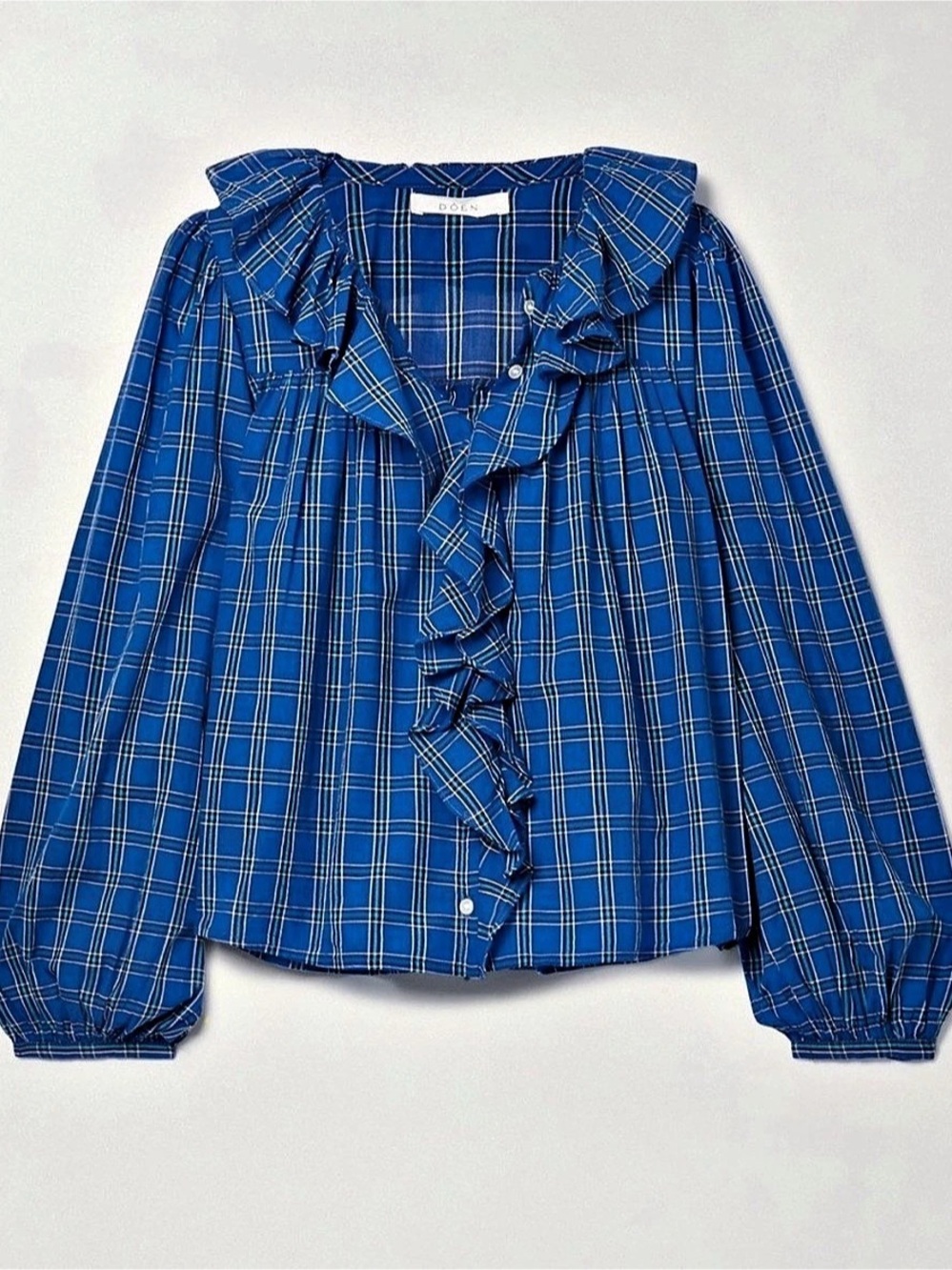 Dôen Hardy top Plaid Ruffled Cotton Blouse in Blue & White